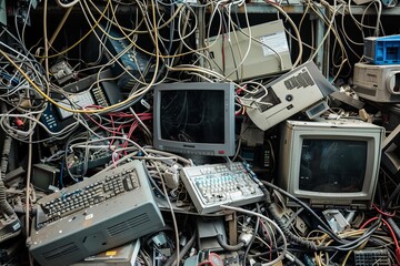 A chaotic heap of electronic waste, including old computers and tangled wires, symbolizing the concept of overproduction and overabundance. - obrazy, fototapety, plakaty