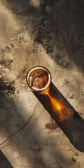 Mobile vertical wallpaper top view of a beer pint glass on a concrete floor. Sunshine. . Story post. - obrazy, fototapety, plakaty