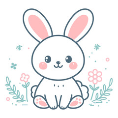Cute bunny rabbit on springtime. Line art vector illustration