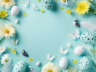 Happy Easter frame with blue, white Easter eggs, spring flowers with copy space for text