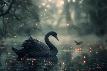 Fototapeten A black swan gracefully dances in a moonlit forest clearing, surrounded by glowing fireflies and mystical fog, creating an enchanting and otherworldly scene. © mihrzn