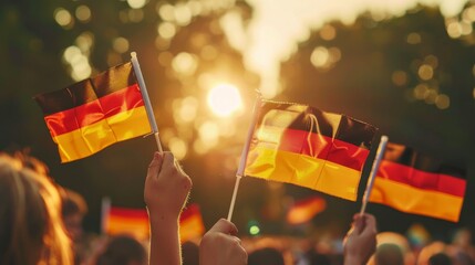 German unity day, people waving national German flag - obrazy, fototapety, plakaty