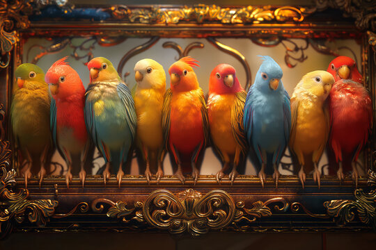 Ilustracja, papugi w ramie