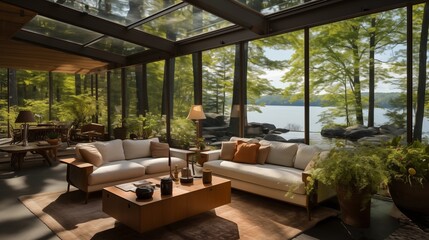 Fototapeta premium Sunroom with frameless glass walls for an unobstructed view.