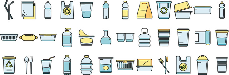 Biodegradable plastic icons set outline vector. Trash bag. Basket bin thin line color flat isolated