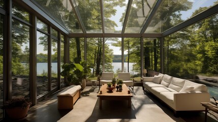 Fototapeta premium Sunroom with frameless glass walls for an unobstructed view.