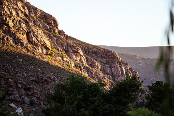 View of mountain valley at sunrise