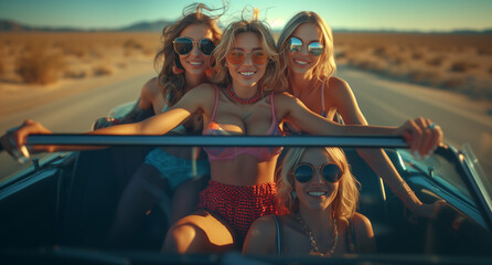 Three blonde women are smiling and wearing sunglasses while sitting in a red car