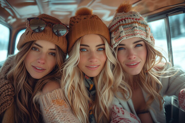 Three blonde women wearing hats and smiling for a picture