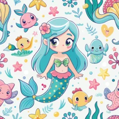 Fototapete Meeresleben seamless pattern with fishes and mermaid vector illustration