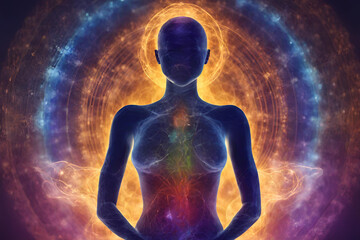 Picture of human energetic body silhouette with aura and chakras. Theme of Creation, healing energy, connection between the body and soul, connection of internal and external. Body of woman
