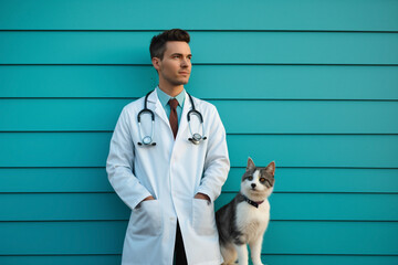 A veterinarian with a caring demeanor, standing against a soothing sky blue wall.