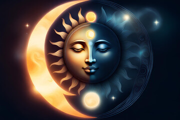 Mystical drawing_ Stylized sun and moon with human face, day and night. Zen symbol. Ying yang sign of harmony and balance