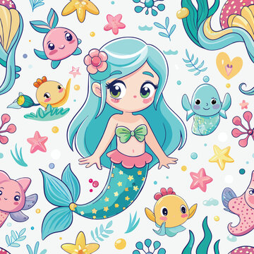 seamless pattern with fishes and mermaid vector illustration