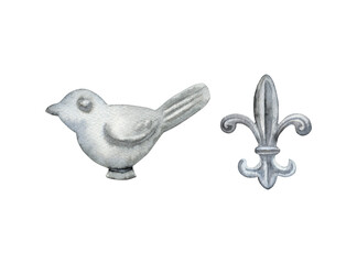 Watercolor stone bird figurine, metal figured element. Hand drawn illustration. Painted elements isolated background. Cozy decor for home and garden. For print decoration, fabric, card, wrapp