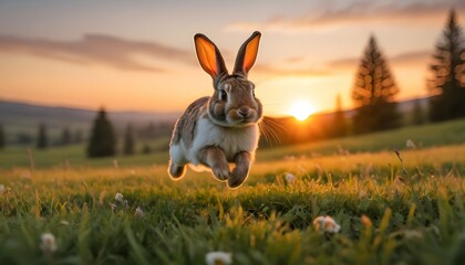 A Rabbit Hopping Through A Meadow At Sunset - obrazy, fototapety, plakaty