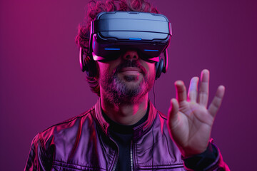 A man in a purple jacket and VR glasses plays a video game.