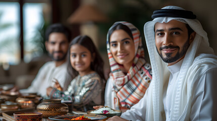 Fototapeta premium Happy Muslim parents having an evening meal with their kids at the dining table at home.