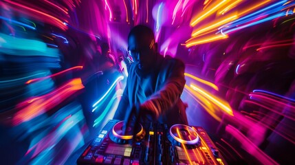 A man is playing a DJ set in a club with colorful lights