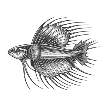 Siamese Fighting Fish, featuring its flowing fins and scales in an engraved style line art sketch engraving generative ai raster illustration. Scratch board imitation. Black and white image.