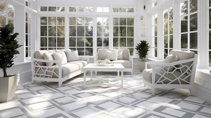 Fototapeta premium Sunroom with geometric patterned tile floors in shades of white.