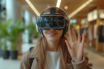 A woman wearing a virtual reality headset is waving at the camera
