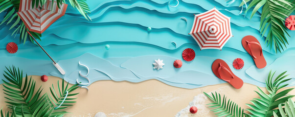 Fototapeta na wymiar summer beach concept for banners, a paper-cut top view background of a tropical beach, an umbrella, flip flops, and a beach towel, essence of summer holidays and relaxation. flat lay copy space
