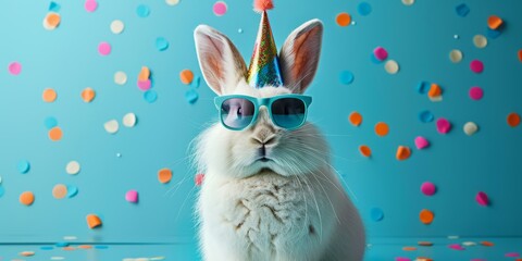 Carnival, Sylvester or other holiday celebrations, fun animal cards - the Easter Bunny with party hats and sunglasses on a blue background with confetti