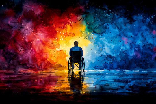 an athlete in a wheelchair takes part in a race. watercolor. desire to win. overcoming life's difficulties.