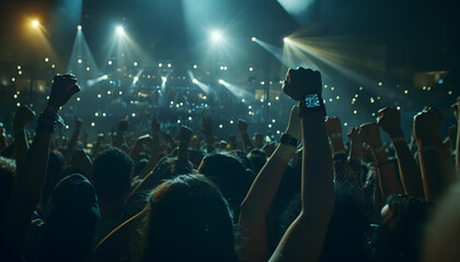 Crowd at a concert on the stadium, summer music festival, Group of silhouettes, Raised hands during...