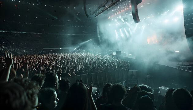 Crowd at a concert on the stadium, summer music festival, Group of silhouettes, Raised hands during a illuminated music show