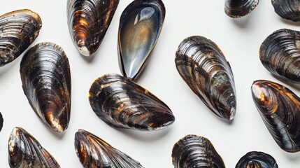 A row of black and brown shells with a blue center - obrazy, fototapety, plakaty