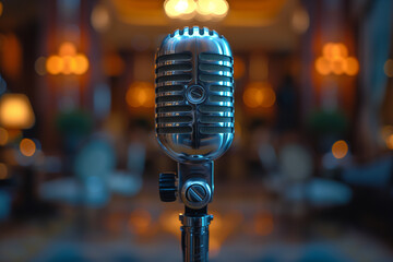 A microphone is pointed at the camera, capturing a moment in a dimly lit room