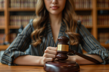 Woman holding a gavel of justice in her hand, court concept