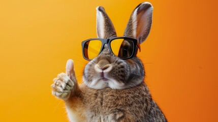 Fun Easter concept Holiday animal celebration greeting card - Cool Easter Bunny, bunny with sunglasses, yellow background