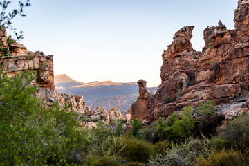 Fototapeta na wymiar View of a rocky valley at sunset in the Cederberg, south africa