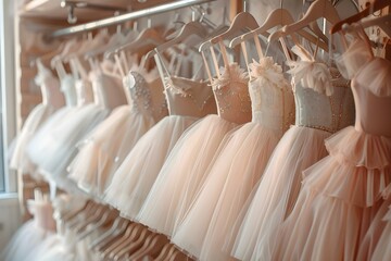 Ethereal tutus and ballerina dresses elegantly displayed in a dressing room. Concept Tutu Display, Ballerina Dresses, Dressing Room, Ethereal Style, Elegant Fashion
