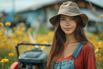 Women gardener. A sexy girl in a hat mows the grass near the house with a lawnmower. Landscape design and lawn care.