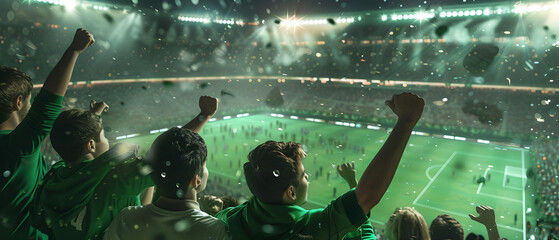Happy Sport Emothion Football Fans on big stadium tribune, Victory, Stadium Arena lights with big tribun, Sport Fans.