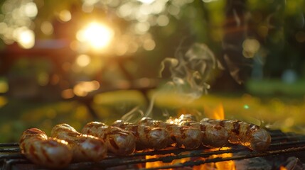 A group of hot dogs are being cooked on a grill