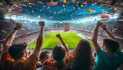 Happy Sport Emothion Football Fans on big stadium tribune, Victory, Stadium Arena lights with big tribun, Sport Fans.