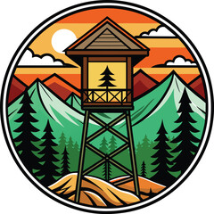 illustration of a tower house in the mountains vector illustration, tower home on top of a mountain t-shirt design