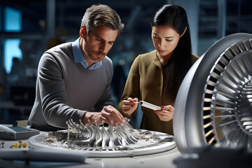 Engineers Male and Female Designing Models Turbines, High-Tech Industry, Green Energy.