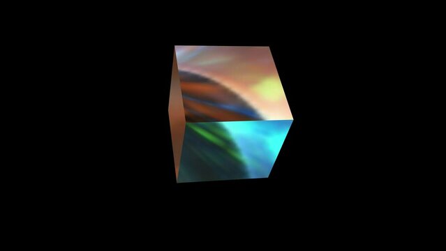 Rotating cube with holographic reflection. 3D animation on a black background.