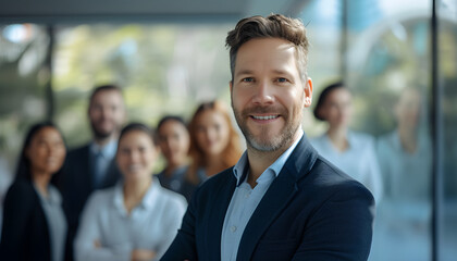 Smiling business man leader standing in office at team meeting, business man standing in office with work colleagues. Confident man in formal wear stands at her workplace