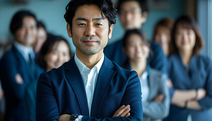 Smiling Asian business man leader standing in office at team meeting, business man standing in office with work colleagues. Confident man in formal wear stands at her workplace