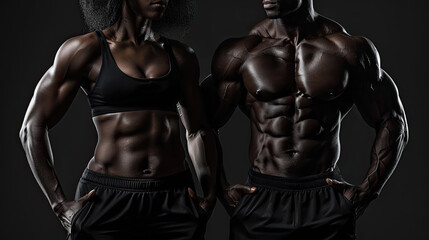Athletic muscular woman and man torsos on a black background. Layout concept for a gym or fitness...
