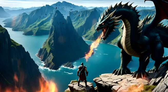 Bravery warrior versus dragon on rock mountains. Seamless looping time-lapse 4k video animation background