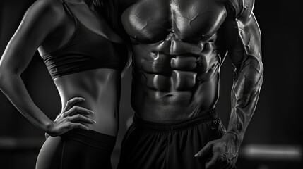 Athletic muscular woman and man torsos on a black background. Layout concept for a gym or fitness...