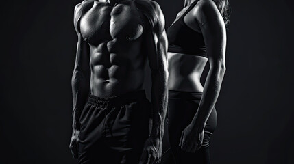 Fototapeta na wymiar Athletic muscular woman and man torsos on a black background. Layout concept for a gym or fitness training. 